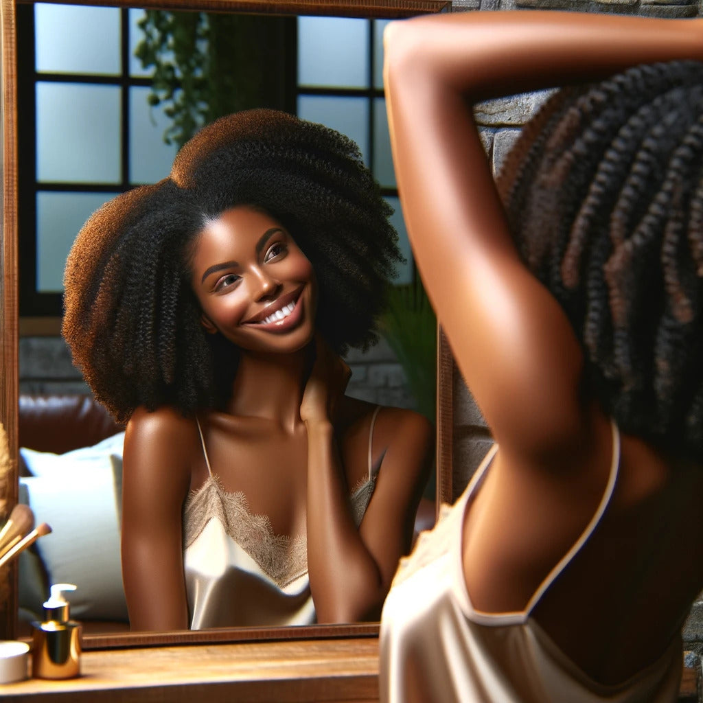 A serene and inspiring blog feature image showcasing a Black woman with flourishing, healthy hair surrounded by a vibrant backdrop of nature.