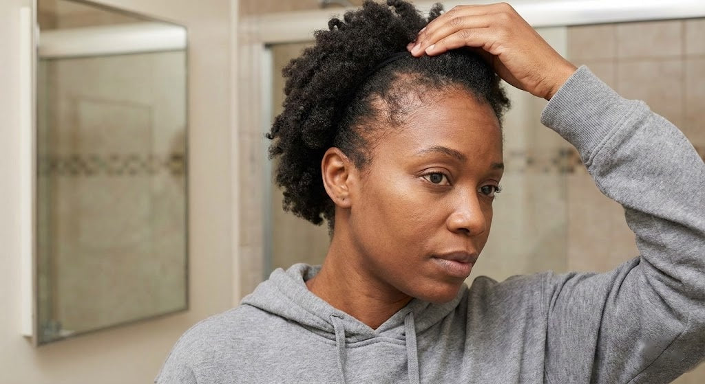 Black woman's hairline showing early signs of traction alopecia thinning near the temple