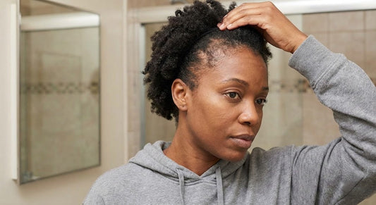 Black woman's hairline showing early signs of traction alopecia thinning near the temple