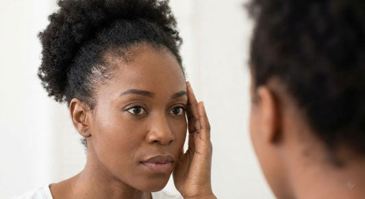 Woman examining thinning hair along her hairline after pregnancy