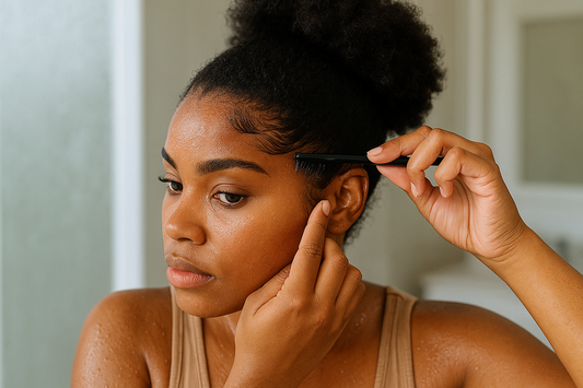 Black woman smoothing her edges along her hairline with a comb