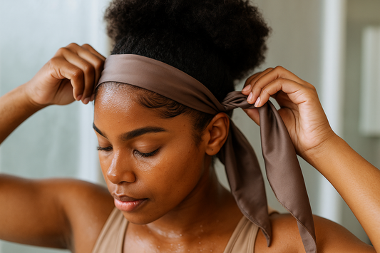Black woman tying a satin scarf around her hairline to protect her edges in hot weather