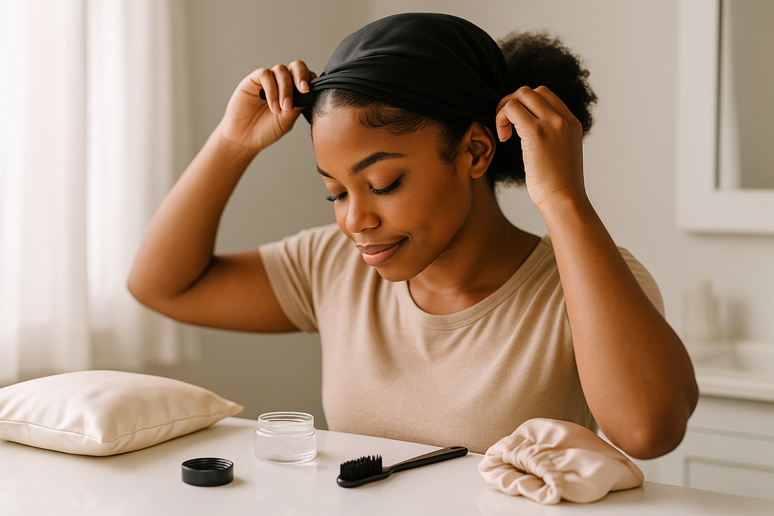 Black woman tying a satin scarf around her hairline at night with an edge brush and product jar on the table