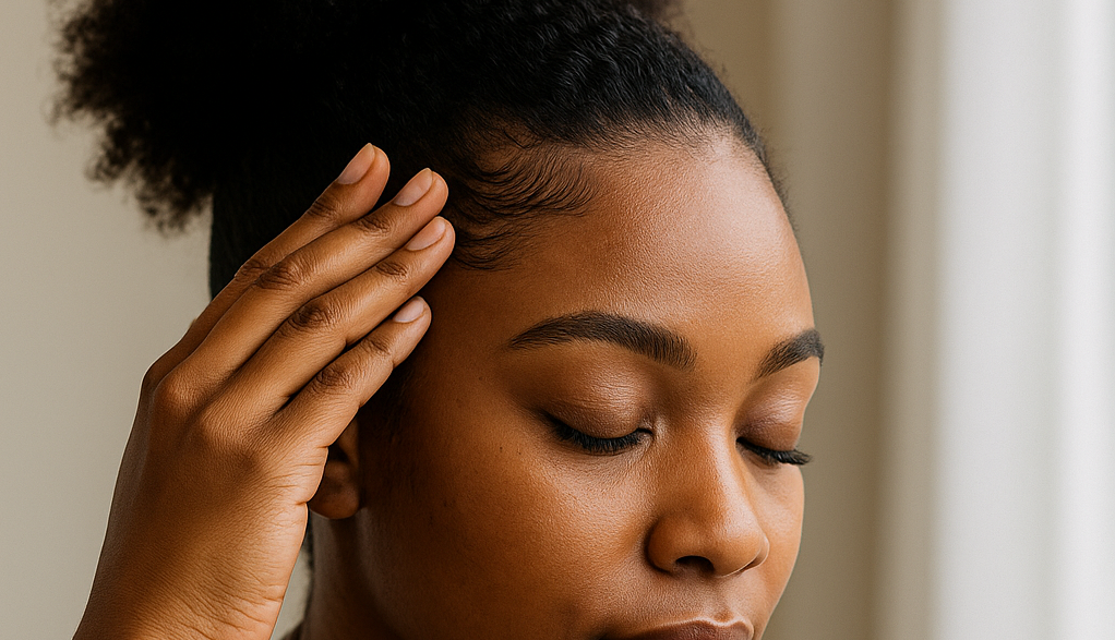 Black woman touching her thinning hairline at the temple