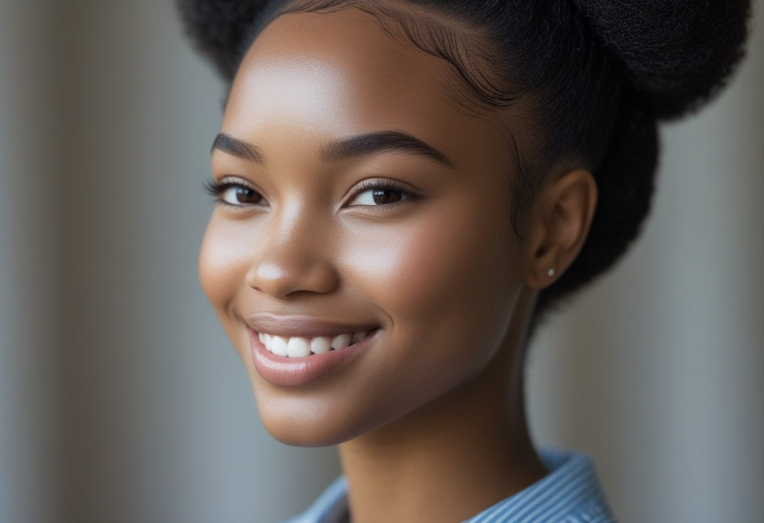 Woman with a smooth blowout and healthy hairline smiling