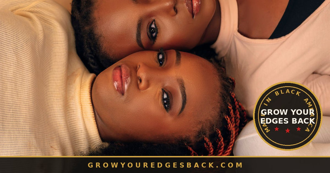 Three Black women lying together with braids, twists, and an afro - Grow Your Edges Back