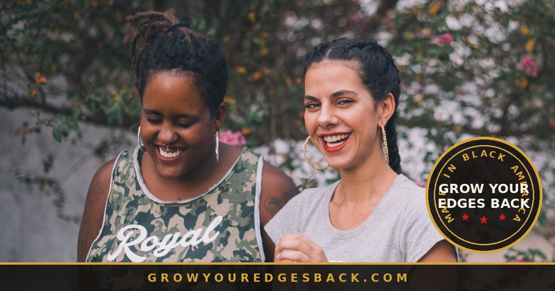 Two women laughing together outdoors, natural hair - Grow Your Edges Back