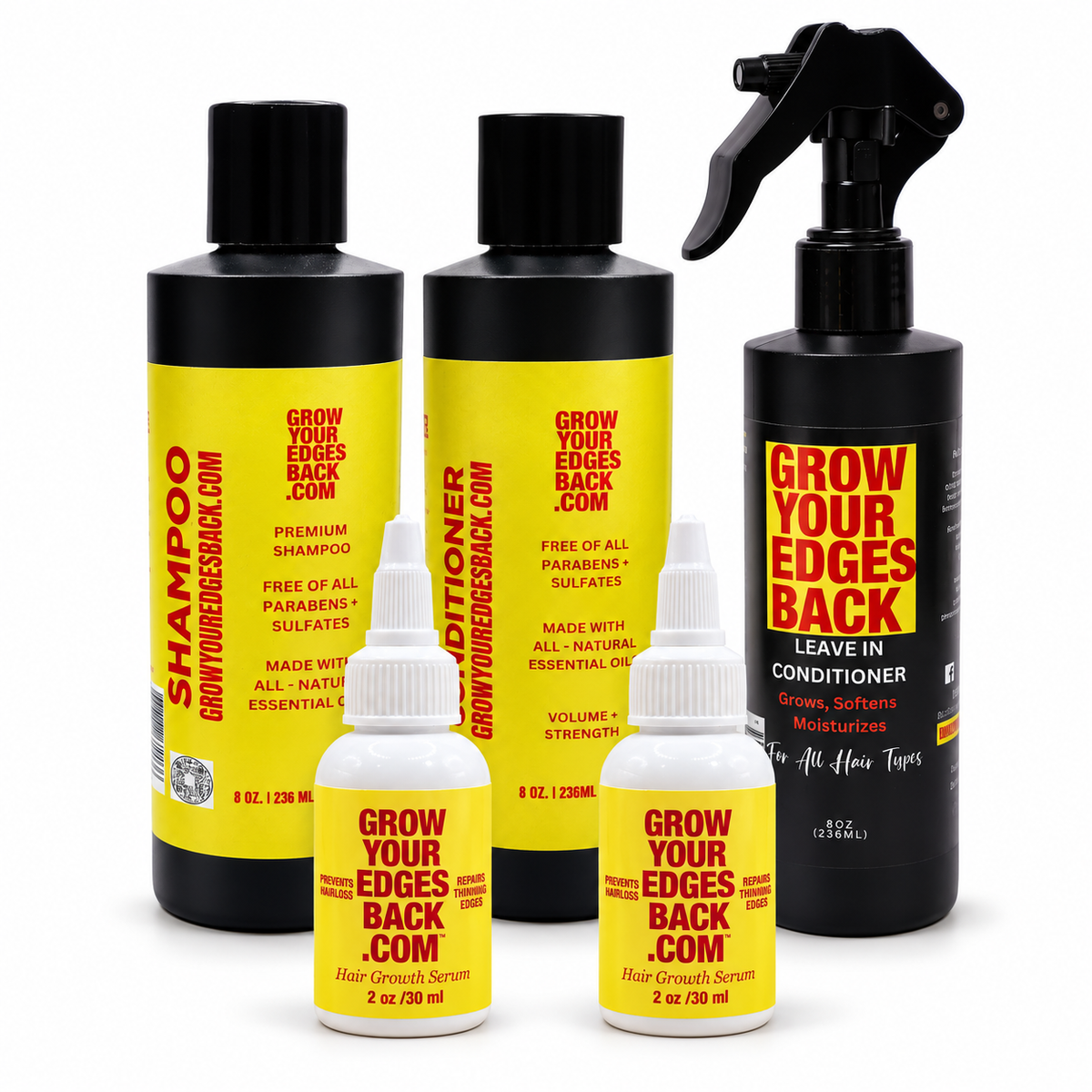 Grow Bundle: shampoo, conditioner, leave in conditioner and two growth oil bottles