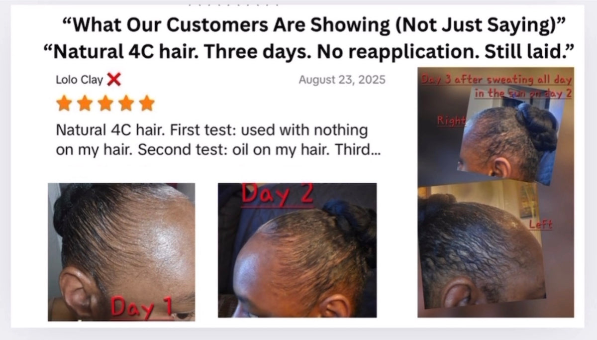 Customer review collage with Edge Control hairstyle photos labeled Day 1, Day 2 and Day 3