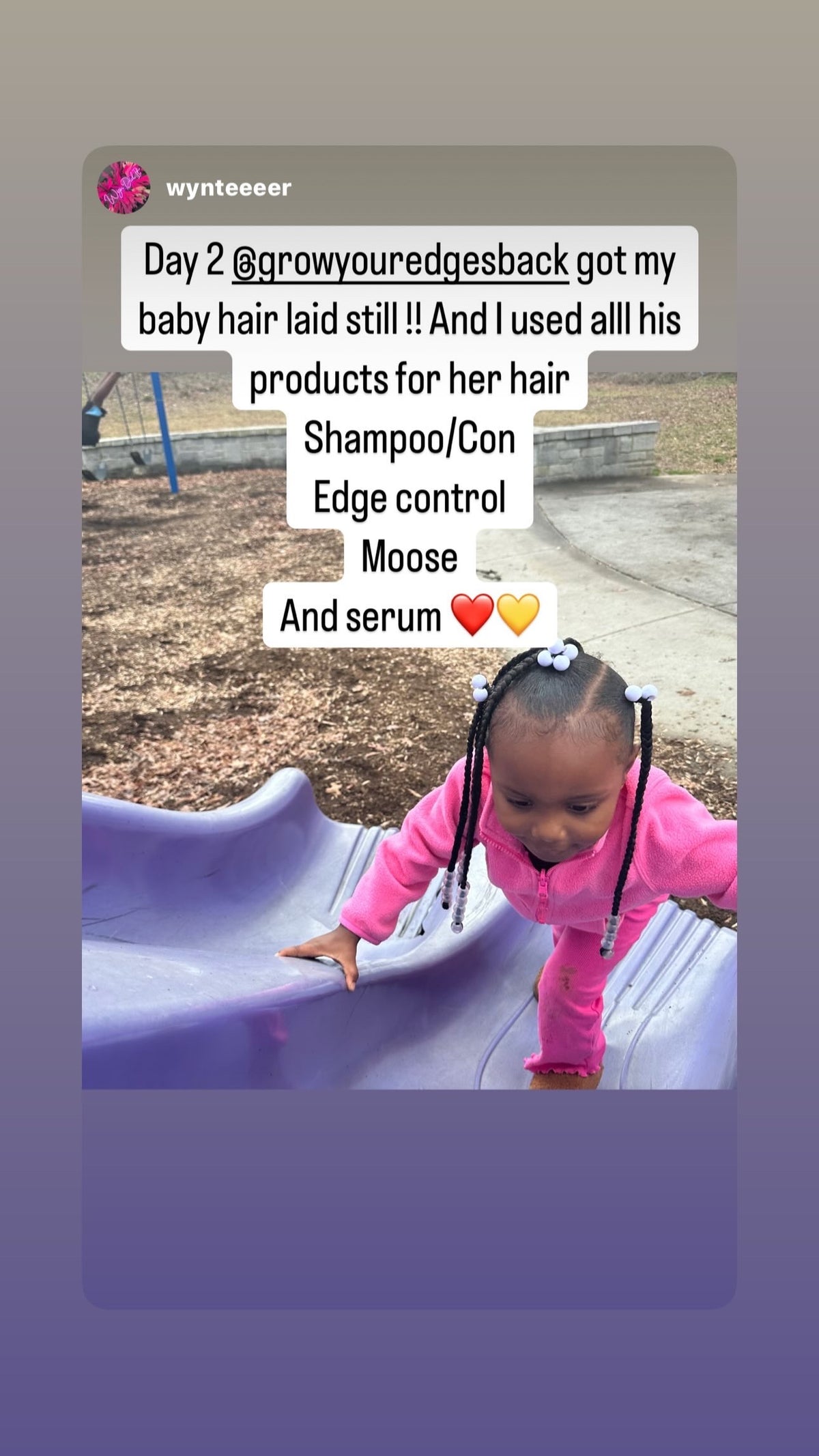 Customer-shared photo of a child with braided hair and a day-two testimonial mentioning shampoo, conditioner, Edge Control, mousse and serum
